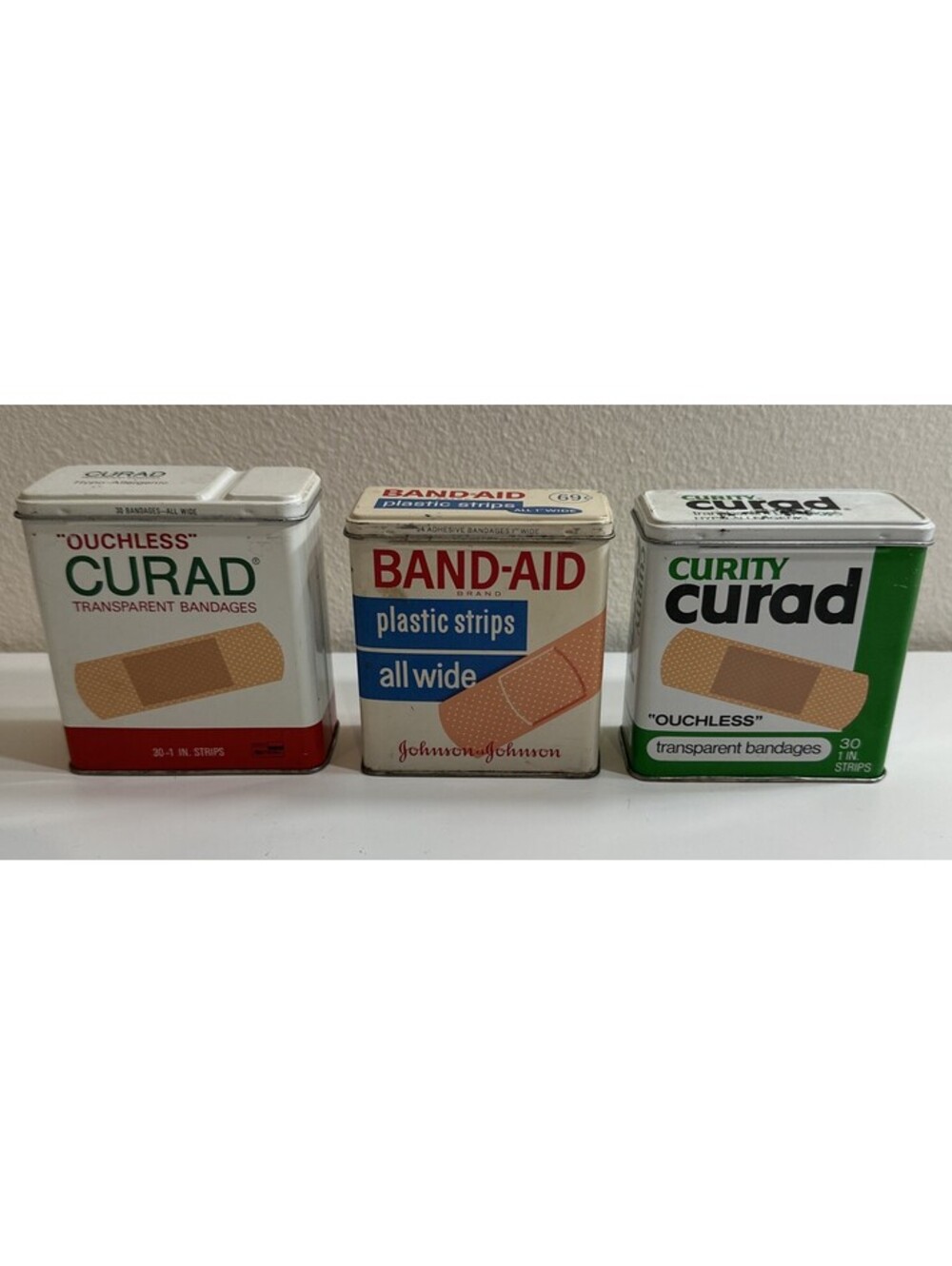 Vintage BAND-AID Plastic Strips TIN + 2 Curad BANDAGES Tins